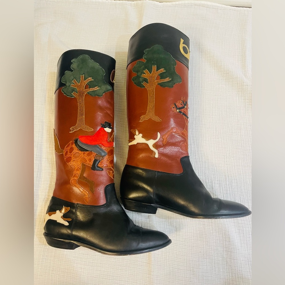 RARE Beverly Feldman Leather & Suede Appliqué Tall Riding Equestrian Boots - Picture 3 of 16